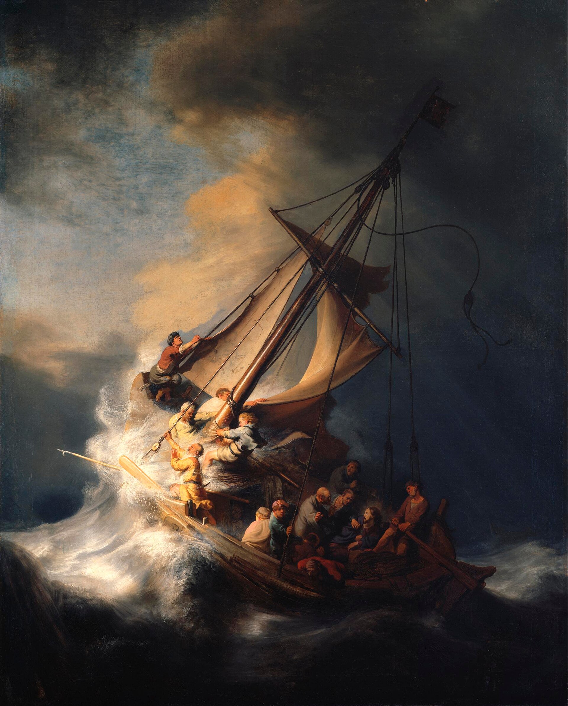 An oil painting of a small sailing boat pitched almost vertical on a breaking wave beneath a dark storm sky, its sail torn, with a dozen men struggling on deck and one figure seated calmly at the stern.