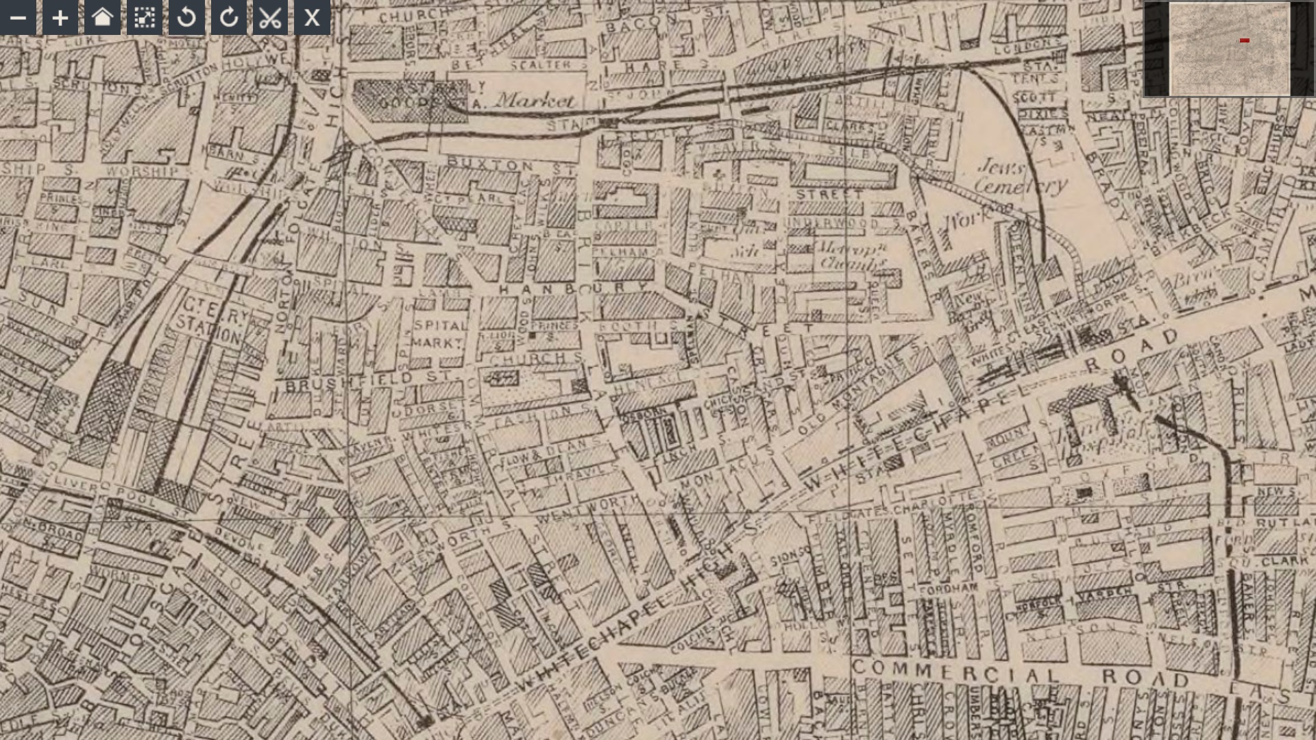 A hand-engraved 1888 Post Office Directory street map of Whitechapel, London: a dense grid of narrow named streets and courts in black ink on aged paper, including Hanbury Street and the district around Buck's Row.