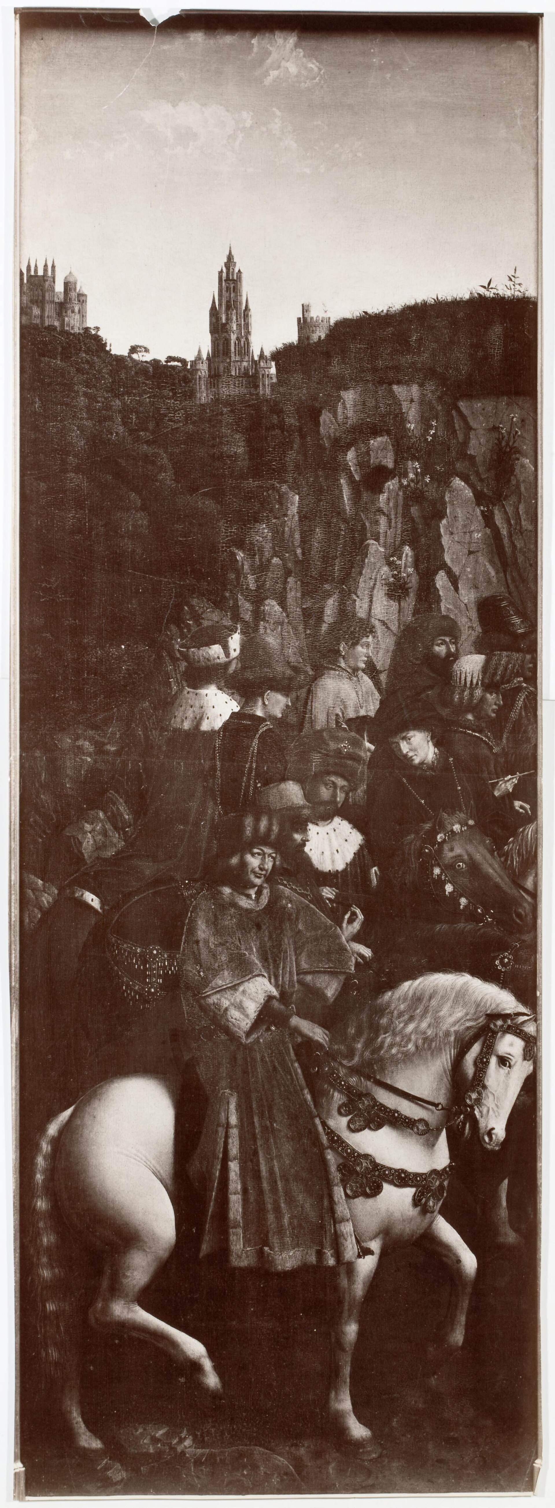 A black-and-white photograph of a tall, narrow painted panel showing rows of men on horseback in fur hats and heavy robes riding along a rocky path, a walled city with a tall spire on the ridge behind them. A pale border runs around the painted area, and the print is torn at one top corner.