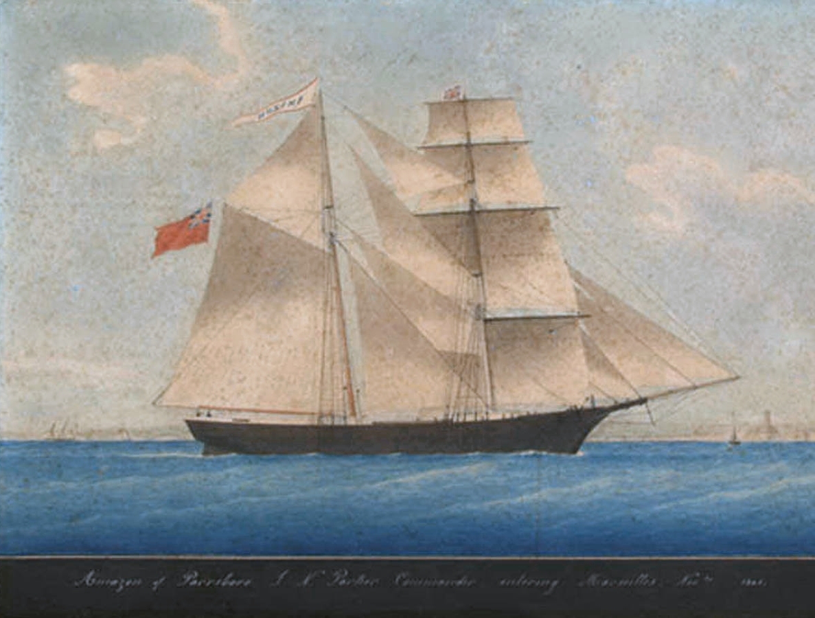 A period watercolor of a two-masted brigantine under full sail entering a harbor, a red ensign flying from her stern, other small vessels visible in the distance.