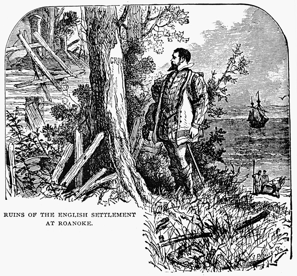 An 1893 engraving of a bearded Elizabethan man standing before a tree carved with the letters CRO, a dismantled wooden palisade behind him and a ship waiting offshore.